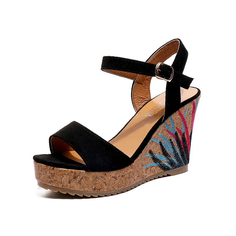 

Fashion New Women's Shoes Wedge Embroidered Sandals 2019 Summer High-heeled Shoes National Wind Roman Women's Sandals