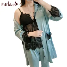 Fdfklak шелковые пижамы мягкие женские пижамы весна лето сексуальные 3 шт Женская атласная Шелковая пижама наборы женская пижама Q756