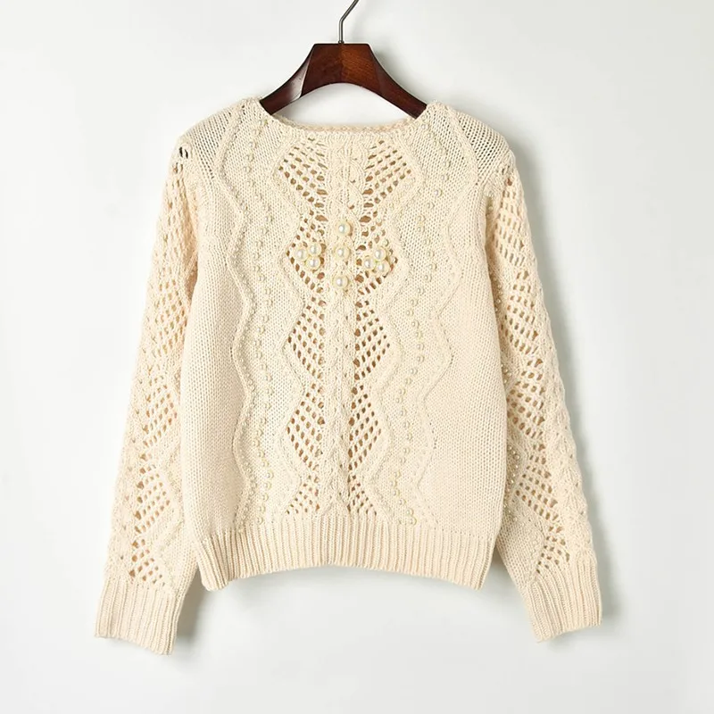Hollow Out Beaded Sweater Women 2019 Spring New Slash Neck Crude Wool Line Knit Ladies Ruway Pullovers Chic Tops | Женская одежда