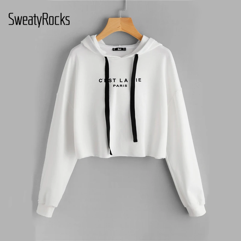 SweatyRocks белая укороченная толстовка с заниженным плечом, женские повседневные пуловеры с буквенным принтом и длинным рукавом, толстовка, Осенний Топ