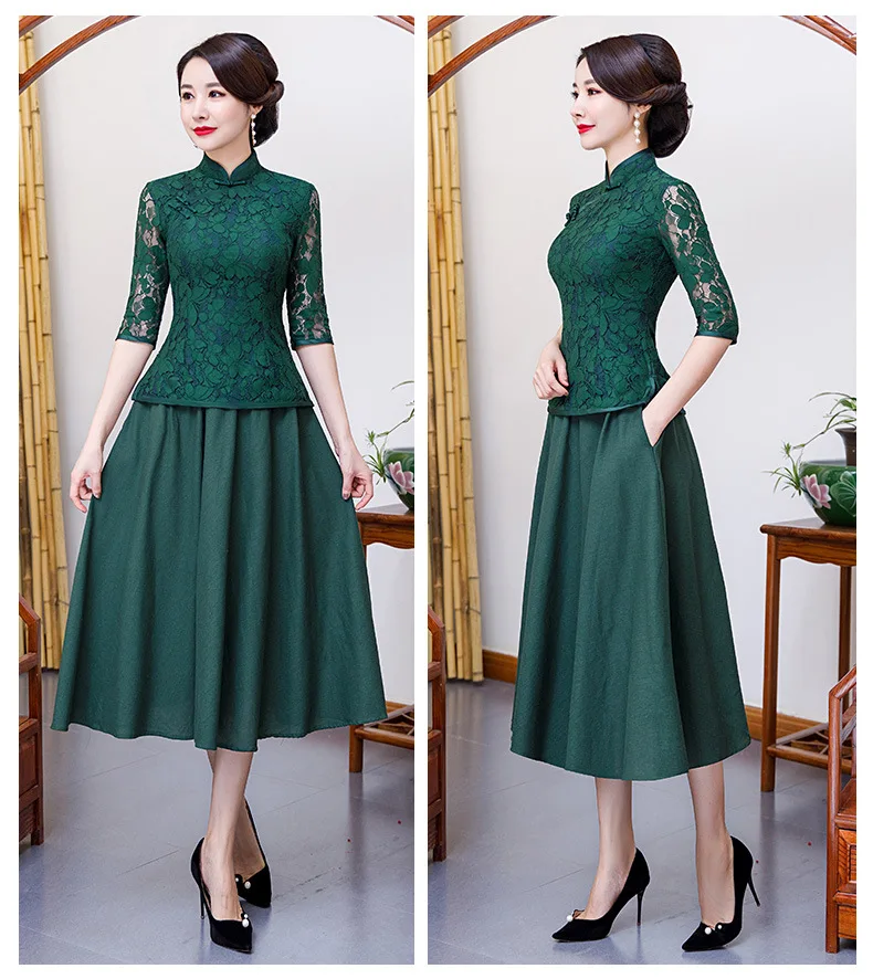 Col Mince Taille Qipao Nouvelle green 2019 Traditionnel Robes Automne Burgundy Robe Chinois Grande M Femmes Cheongsam 2 Costume Chaude 4xl Mandarin Longue Pcs vqSzPFw