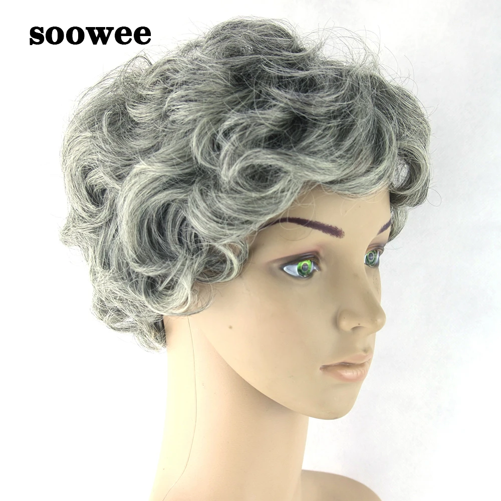 Us 3 98 Soowee Gray Hair Wig Black Mix White Synthetic Hair Short Curly Grey Aged Style Cosplay Wigs For Men And Women In Synthetic None Lace Wigs