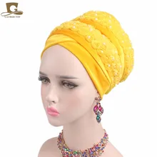 

New fashion Luxury women Velvet turban 3D beaded flower Extra Long Head Wraps Hijab Head Scarf headscarf