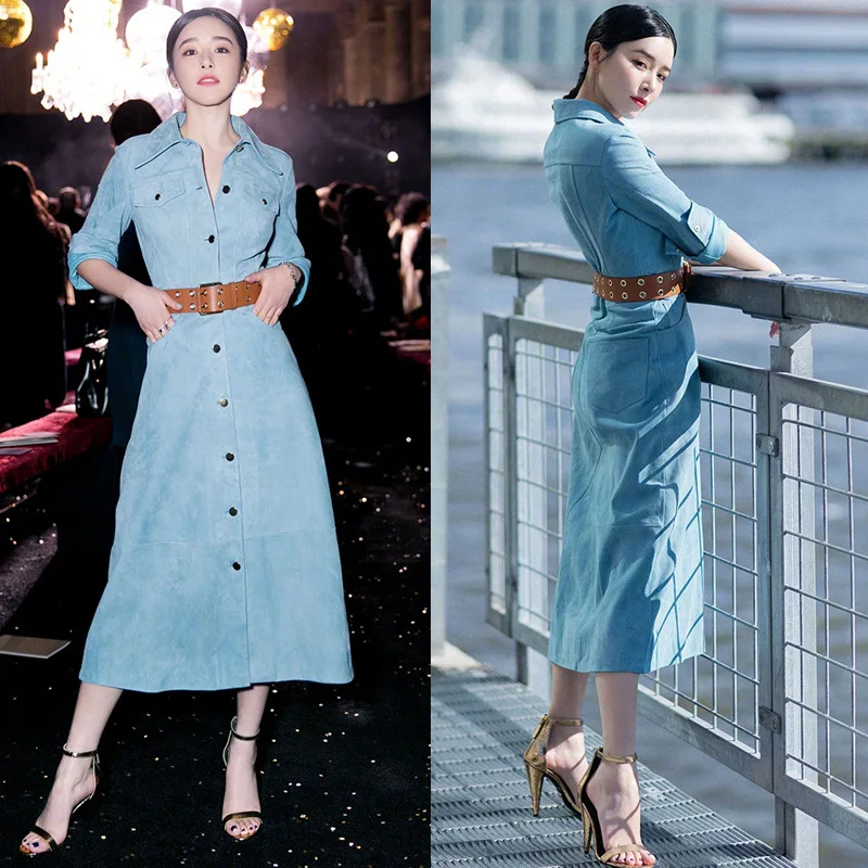 

Star Xianqing Fashion Week The Same Blue Deer Skin Velvet Temperament Simple Medium Belt Dress Woman 2019 Button Dress Women