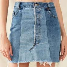 Западный стиль мода тонкий лоскутное контрастного цвета SML XL XXL Высокая талия НЕОБРАБОТАННАЯ кромка женская повседневная юбка Леди джинсовая