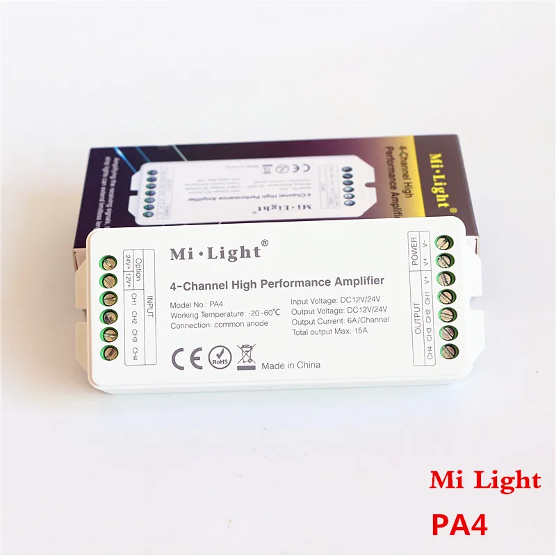 

MiLight PA4 4-Channel Hight Performance Amplifier Strong Compatibility DC12V-24V Output 15A For 5050 3528 RGB RGBW LED Strips