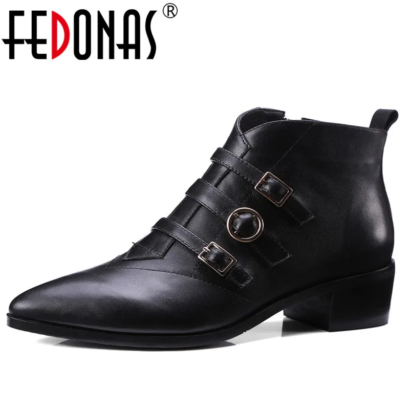 

FEDONAS Punk Black Basic Boots Genuine Leather Ankle Boots For Women Buckles Pointed Toe Autumn Winter Martin Shoes Woman