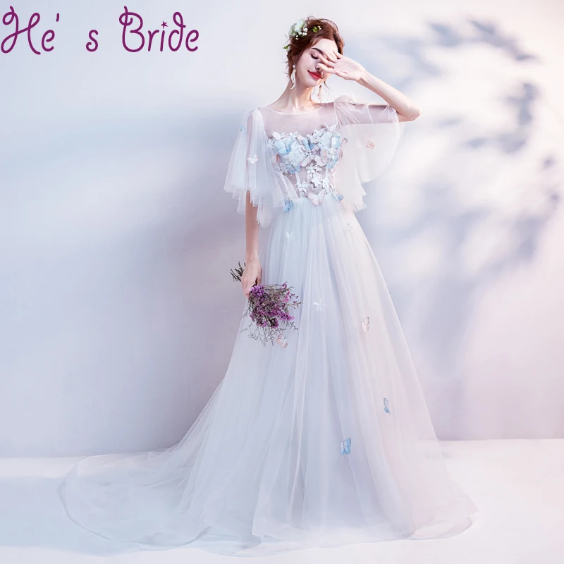 

Evening Dress Elegant White Sheer Scoop Neck Poet Half Sleeves Lace Up Back A Line Sweep Train Tulle Lace Party Prom Dress