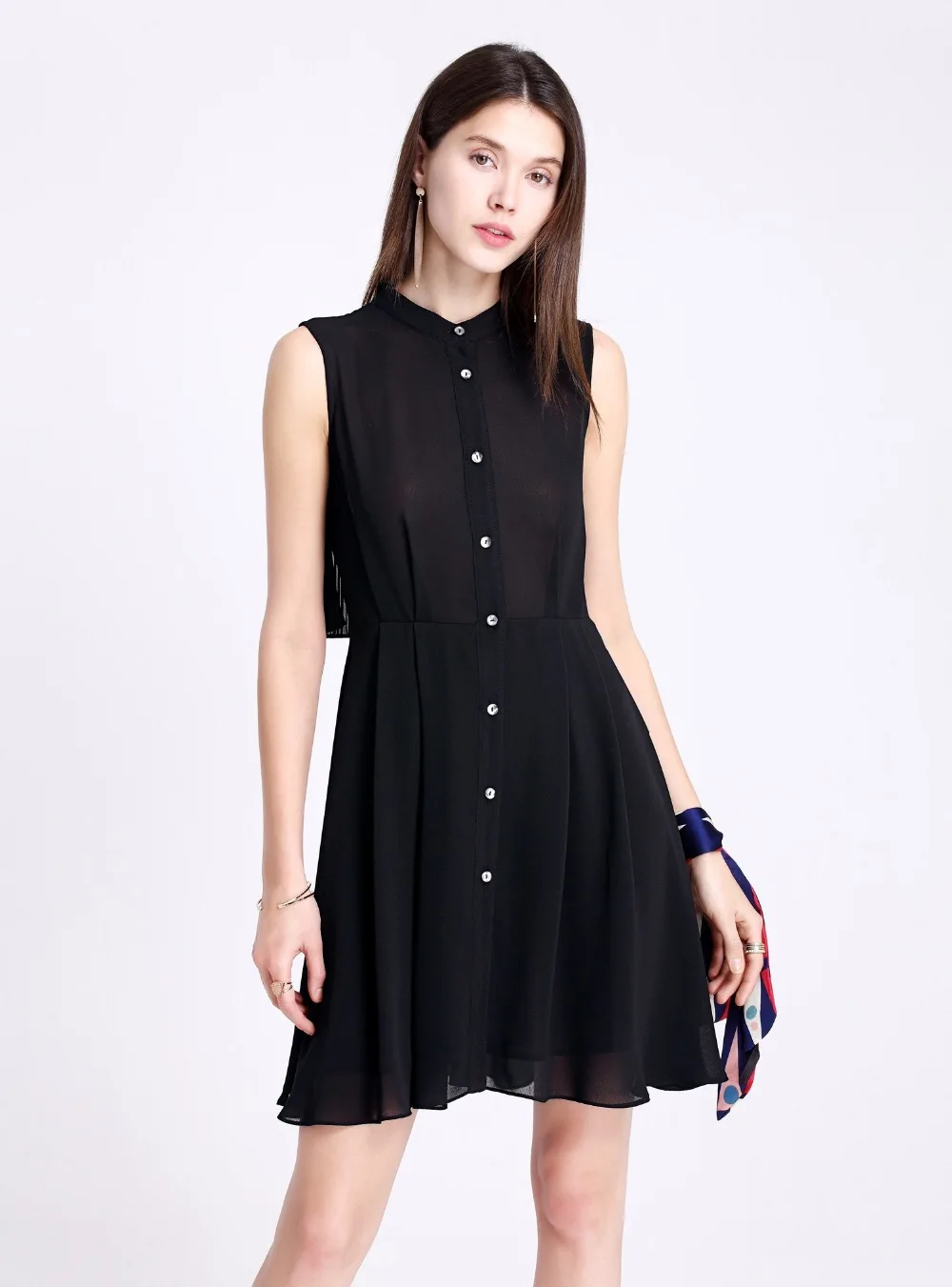 2018 Summer Stand Collar Sleeveless Back Pleated Shirt A-line Dress Dresses