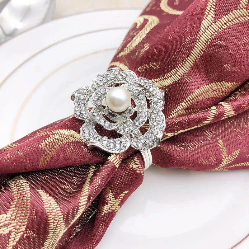 

6PCS hotel wedding napkin ring rose pearl napkin buckle alloy diamond napkin ring