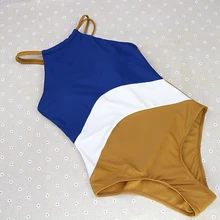 Сексуальный винтажный однотонный синий в продаже лоскутный высокий вырез, открытая спина девушка цельный провод свободный женский купальник купальник женский