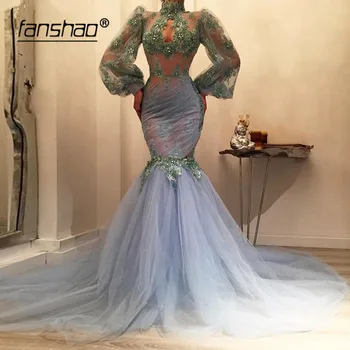 

Muslim Evening Dresses Mermaid Long Sleeves Lantern Illusion vestidos de festa Dubai Saudi Arabic Evening Gown Prom Dress