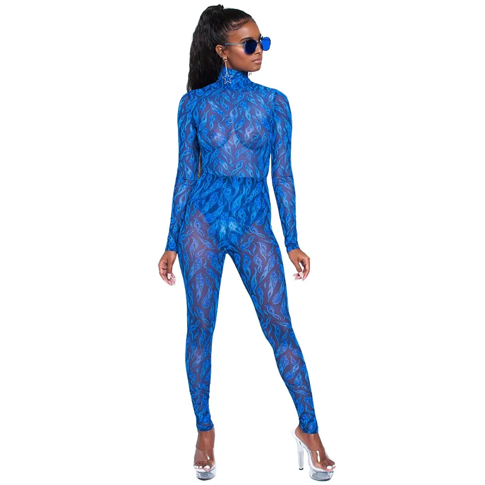 Fire Print Sheer Mesh Jumpsuit Turtleneck Long Sleeve Women Jumpsuit Sexy Night Club See Through Romper Bar Overalls Costumes Fire Print Sheer Mesh Jumpsuit Turtleneck Long Sleeve Women Jumpsuit Sexy Night Club See Through Romper Bar Overalls Costumes