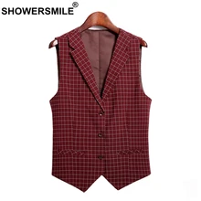 SHOWERSMILE Plaid Waistcoat Women Red Sleeveless Blazer Vest Ladies Checkered Slim Office Lady Female Spring Summer Gilet 3XL