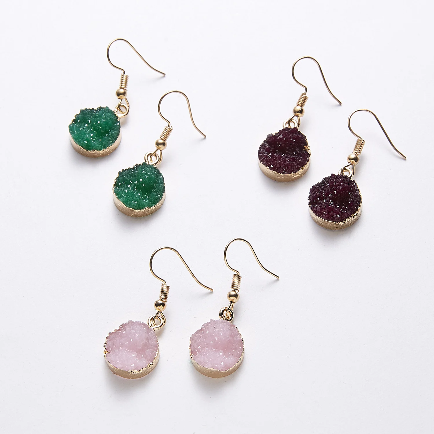 Unique Sparkly Colorful Drusy Round Circle Dangle Earings Pink Quartz Color Resin Stone Druzy Earrings For Women Jewelry E1318