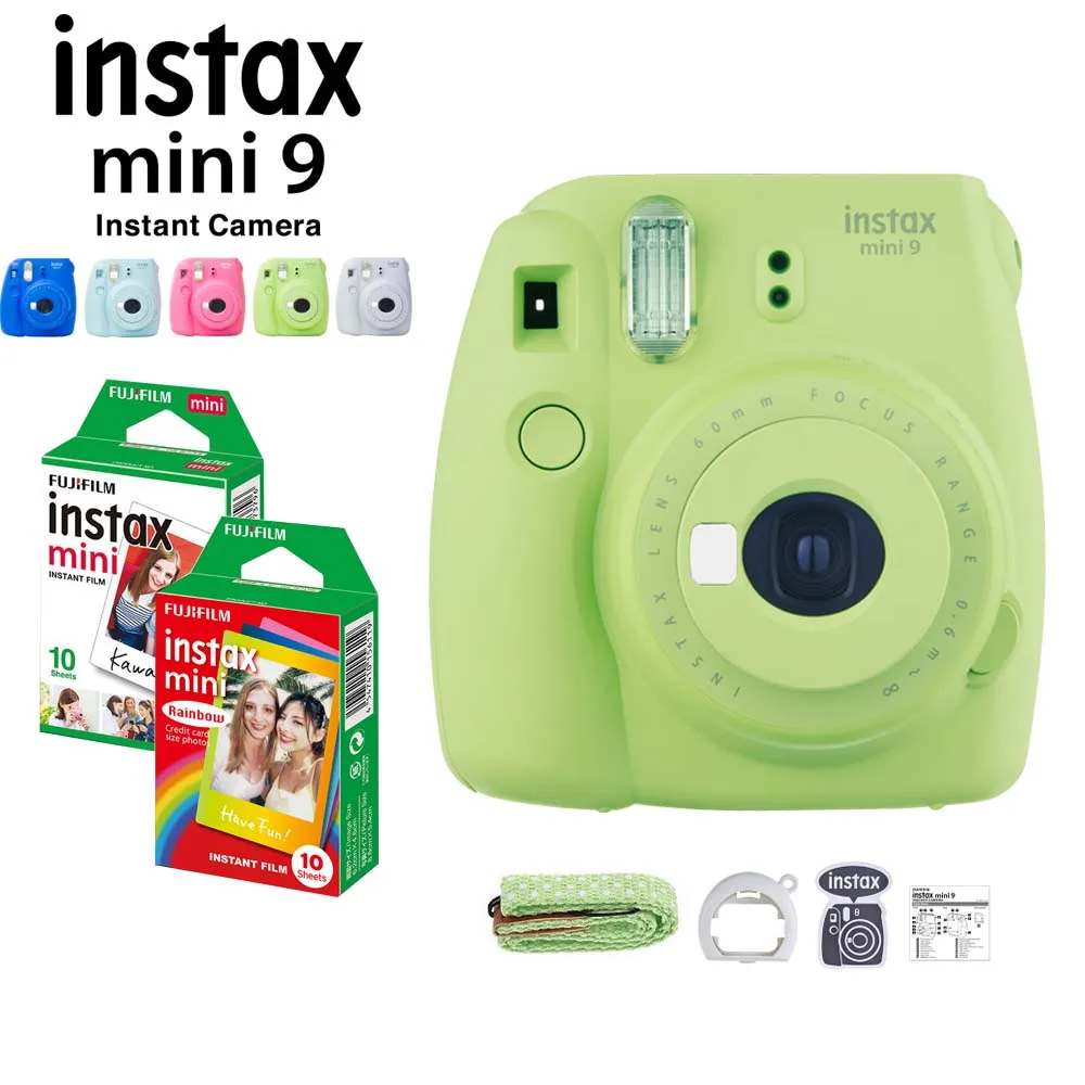 5 цветов Fujifilm Instax Mini 9 мгновенная камера+ Fuji Instax Мини пленка белый/Радуга 20 шт фотобумага+ крупным планом объектив+ ремешок - Цвет: Lime Green Set