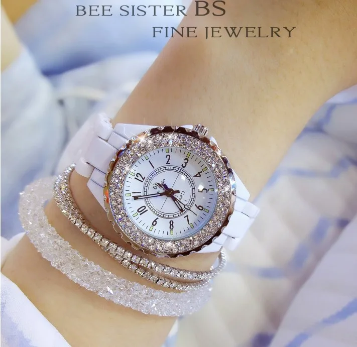 Goede Vrouwen Strass Horloges Dame Diamant Steen Jurk Horloge Zwart Wit Keramische Grote Wijzerplaat Armband Horloge dames Kristal Horloge