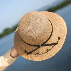 2019 британская складывающаяся шляпа от солнца письмо Boater Шляпа Лето кожаная лента круглый плоский топ широкие поля, из соломы шляпа Женская