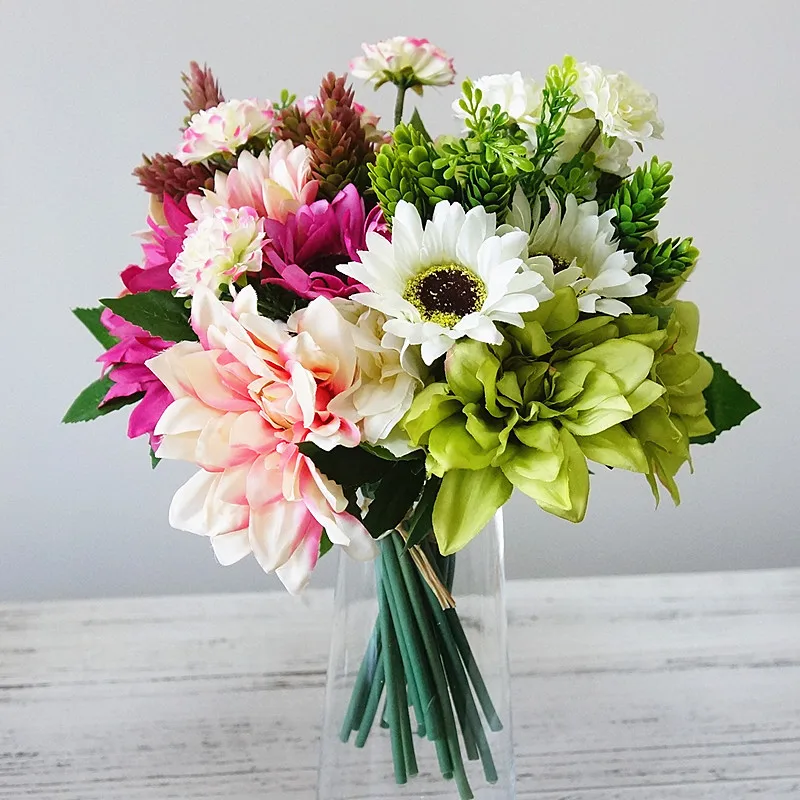 Flone Artificial Dahlias Flower Daisy Bouquet Silk Flower Bride Bridesmaid Holding Flowers Home Wedding Party Garden Decoration (21)