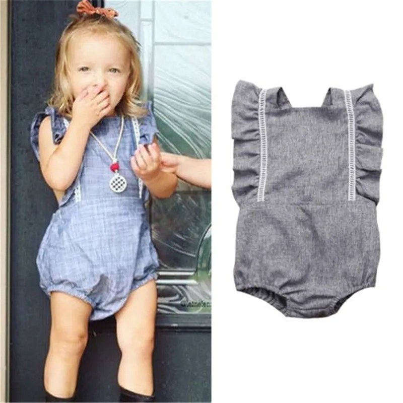 

Lace Ruffles Newborn Infant Baby Girl Backless Rompers Children Clothes Jumpsuit Gray Outfits