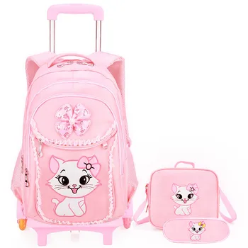 

Children School Bag Trolley school Backpack Wheeled School Bag For Grils cartoon Kids backpack set Wheel Schoolbag cat Backpacks