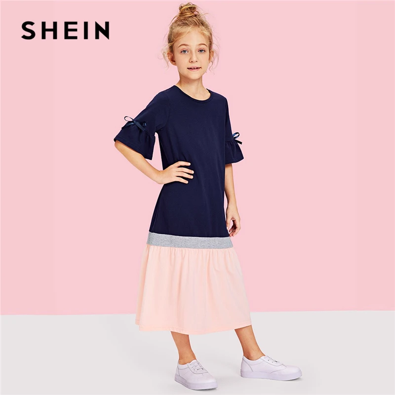 

SHEIN Kiddie Flounce Sleeve Cut and Sew Colorblock Knot Tunic Casual Girls Dress 2019 Shift Cute Kids Dresses For Girls Clothing