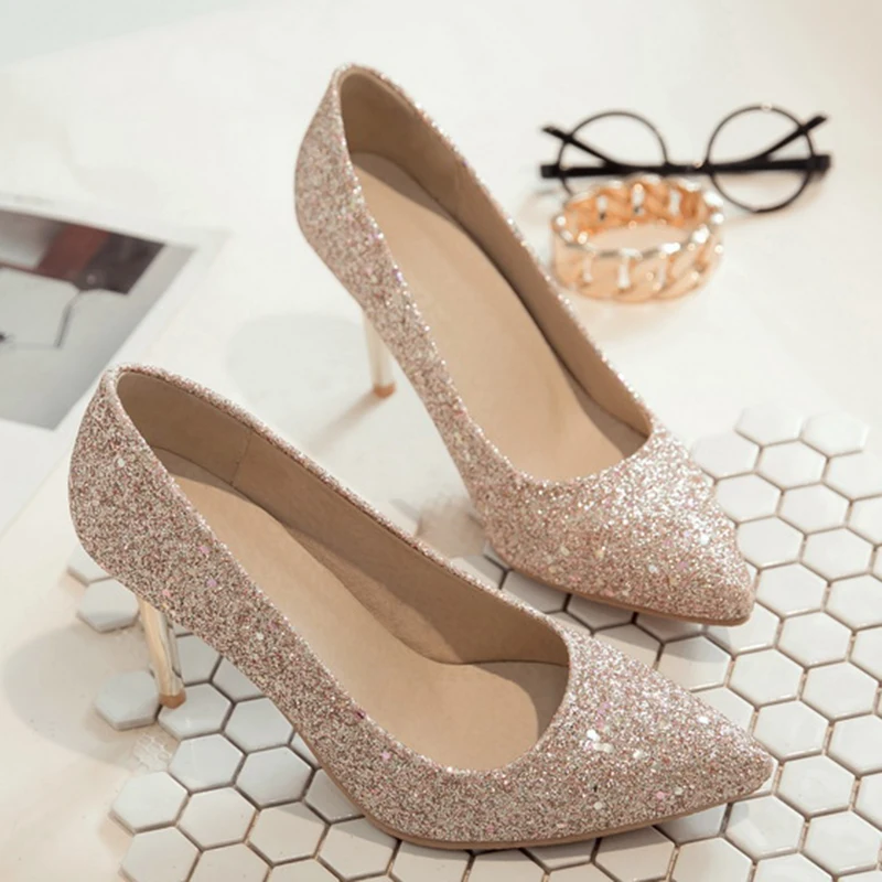 

2018 Plus Size Women 8.5cm High Heels Sexy Scarpins Pumps Female Glitter Sequin Thin Pink Cute Heels Lady Party Stiletto Shoes