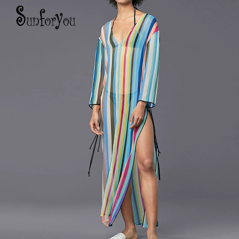 

Striped Chiffon Dress for Beach 2019 Swim Cover up Pareo Caftanes Playa Bathing suit Cover ups Sarong Pareo Playa Beach Cover up