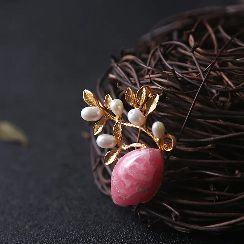 

Amxiu Precious Natural Rhodochrosite Brooch Freshwater Pearls Real Gold Plated Brooches Pins Flower Necklace Pendant Accessories