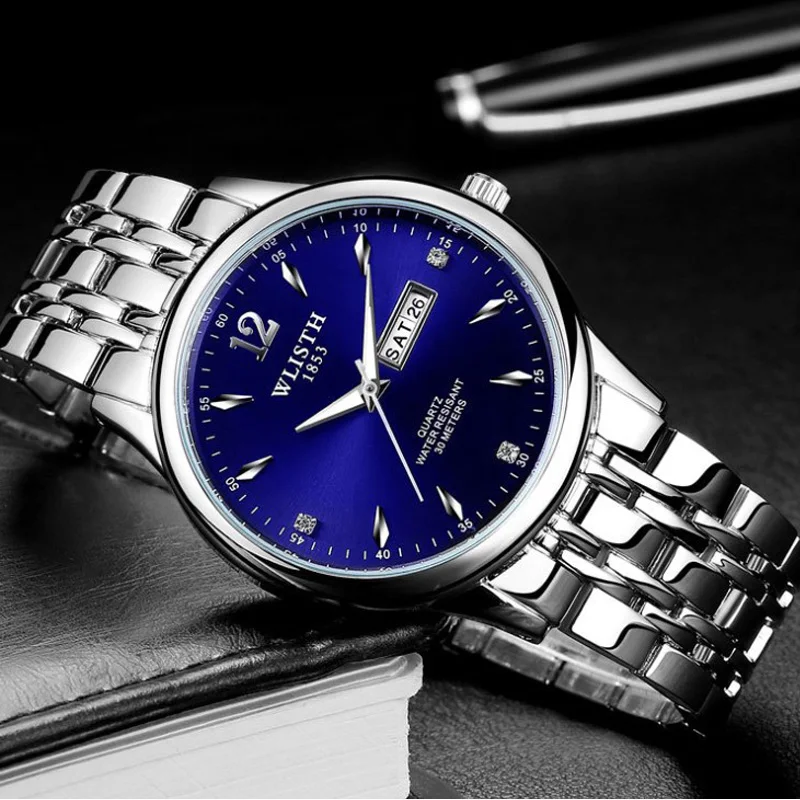 Vente 2018 style chaud montre homme montre bracelet bande en acier solide imperméable à l eau double calendrier affaires montre quartz