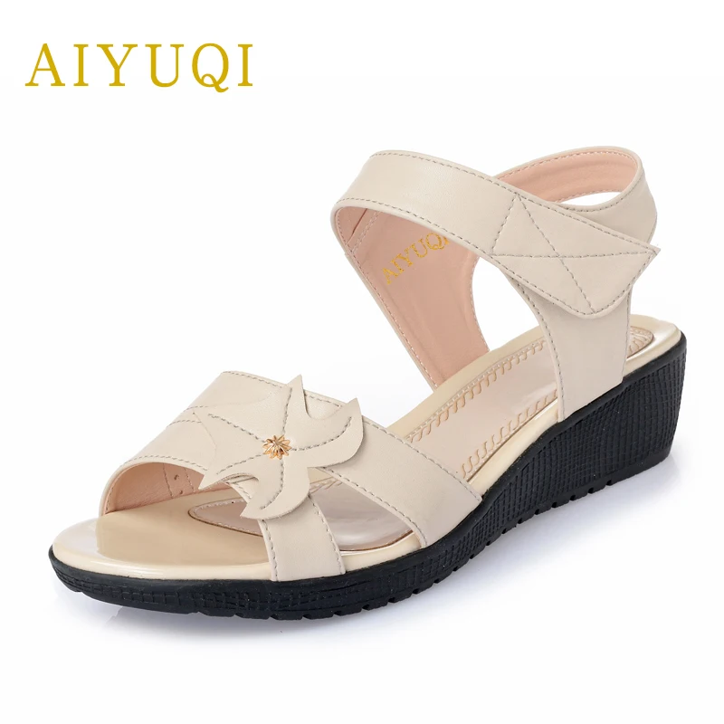 

AIYUQI Plus Size 41#42#43#2019 Spring New Genuine Leather Women's Sandals Middle-aged Flat Sandals Shoes Women