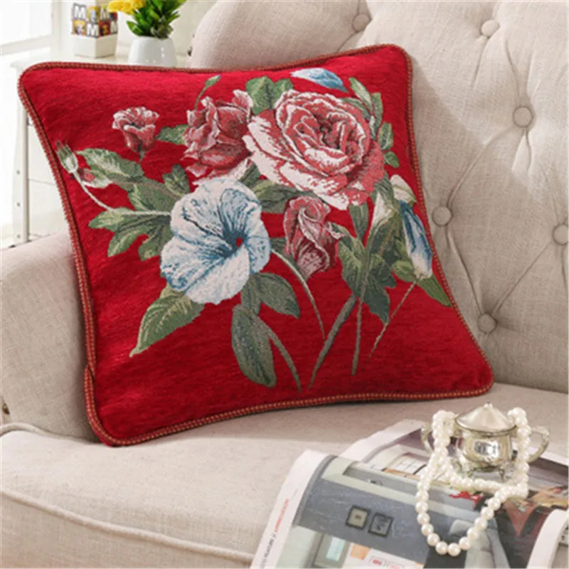 Chinese Style red flower chenille fabric Cushion Cover Cushion Decorative Pillows Cushions Cover Home Decor Pillow For Sofa MA25