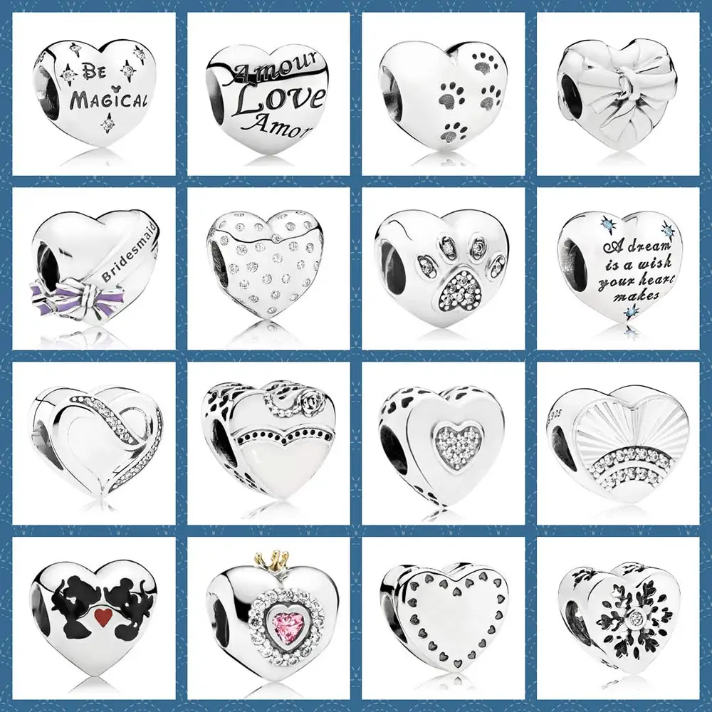 

Sterling Silver 925 Charm Beads Original 1:1 Heart-Shaped Paws Prints Pink Princess Ribbon Brilliant Heart Bow Fit Pan Bracelet