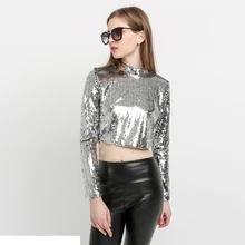 Сексуальная клубная стильная футболка с круглым воротником, с длинными рукавами, с блестками, на молнии сзади, тонкая футболка, Короткие вечерние футболки с рисунком, уличная одежда TA02800063