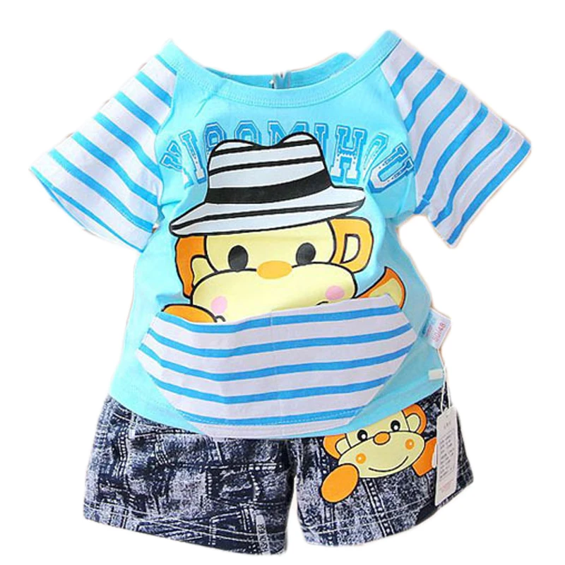 

2017 summer new cotton casual cartoon kids clothes set short sleeve stripe T-shirt+shorts baby boys clothing set free shipping
