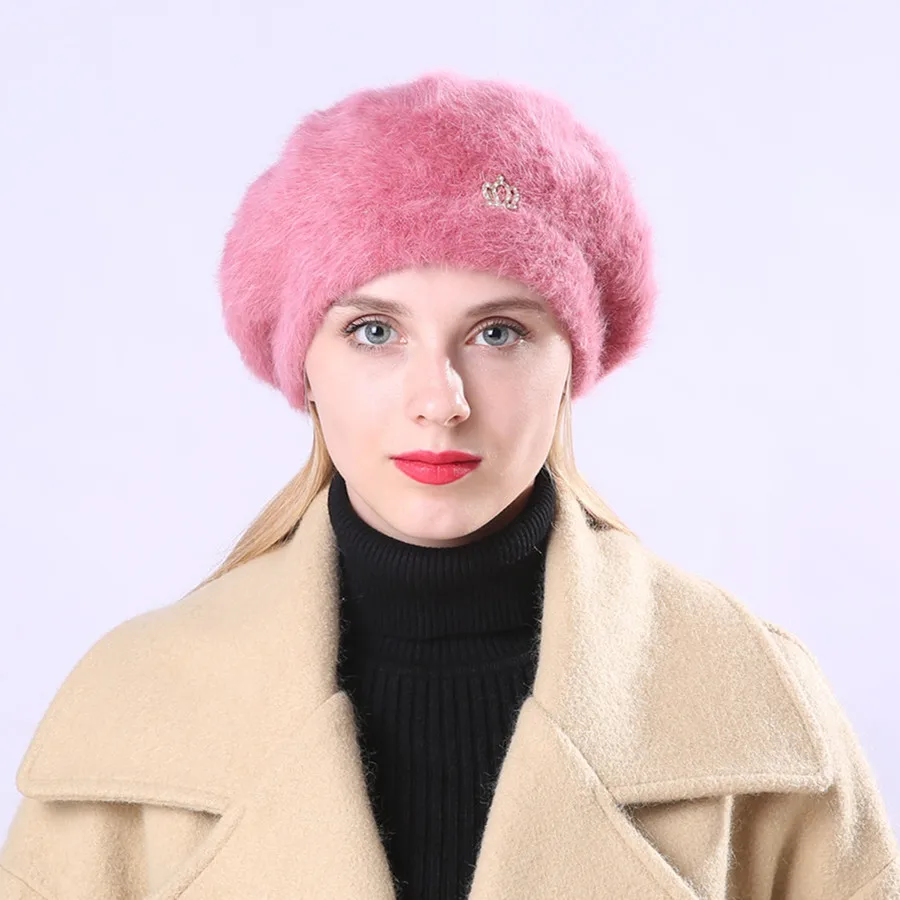 Женский зимний толстый теплый берет с кроликом в плюшевой шляпе, однотонная Повседневная дикая французская шляпа, barot, розовые береты, шляпа художника