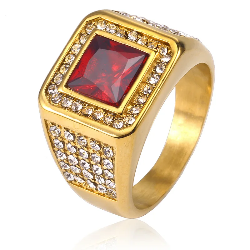 

Hip hop Gold Silver Ice Out Shiny Full Crystal Red Stone Gem Ring Bling Rock Punk For Men Tide Brand Rings Jewelry
