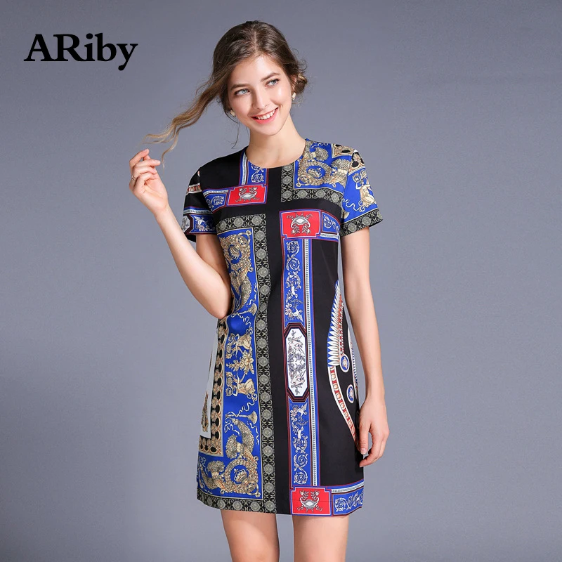 Women Dress 2019 Summer New Fashion Vintage Dress Loose Printed Short Sleeve Slimming O-Neck A-Line Print Mini Dress Plus Size