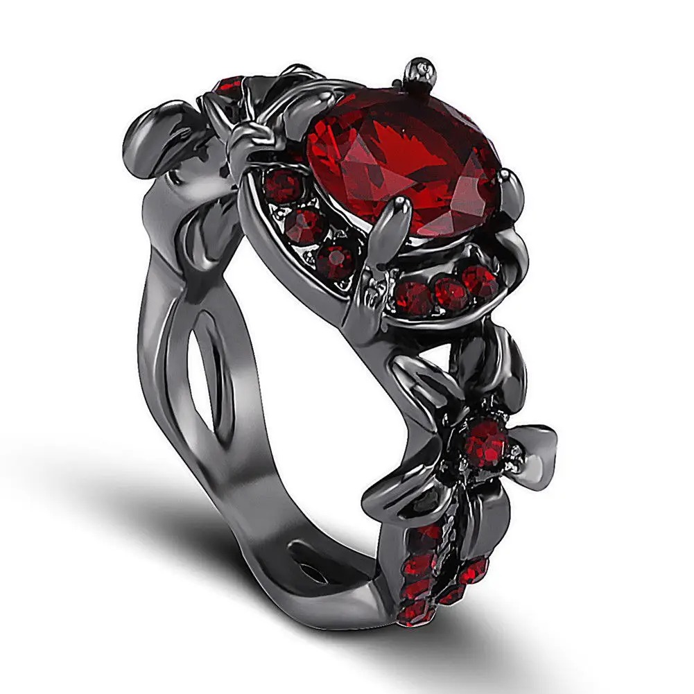 Women Girls Puck Gothic Darkness Style Zircon Metal Flower Rings Size 6-10