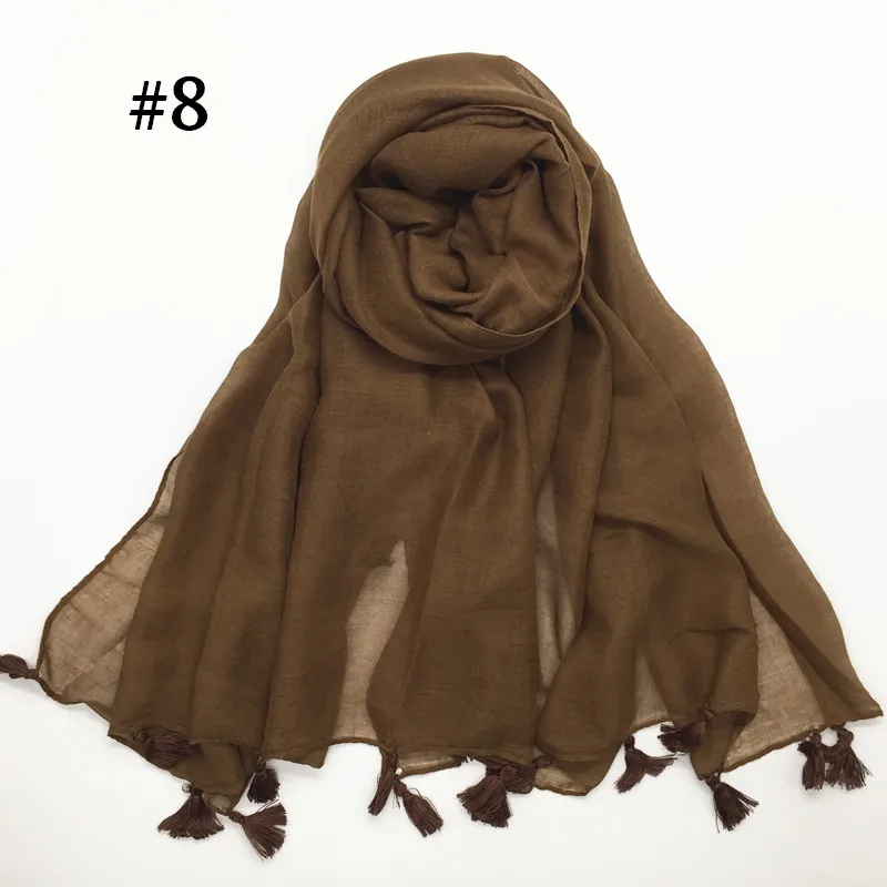 Лидер продаж, простой хиджаб из вискозы с бахромой, Женская однотонная шаль, шарф с большой головкой, исламские женские мягкие шарфы с кисточками, 10 шт./партия - Цвет: number 8