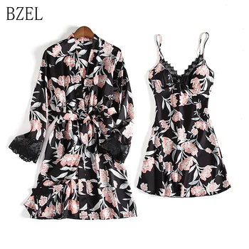 

BEZL Women Pajama Dress Silk Satin Sexy Lace Nightgown Floral Print Robe Set V-neck Slip Sleepwear Pijamas Mujer Female Nighty