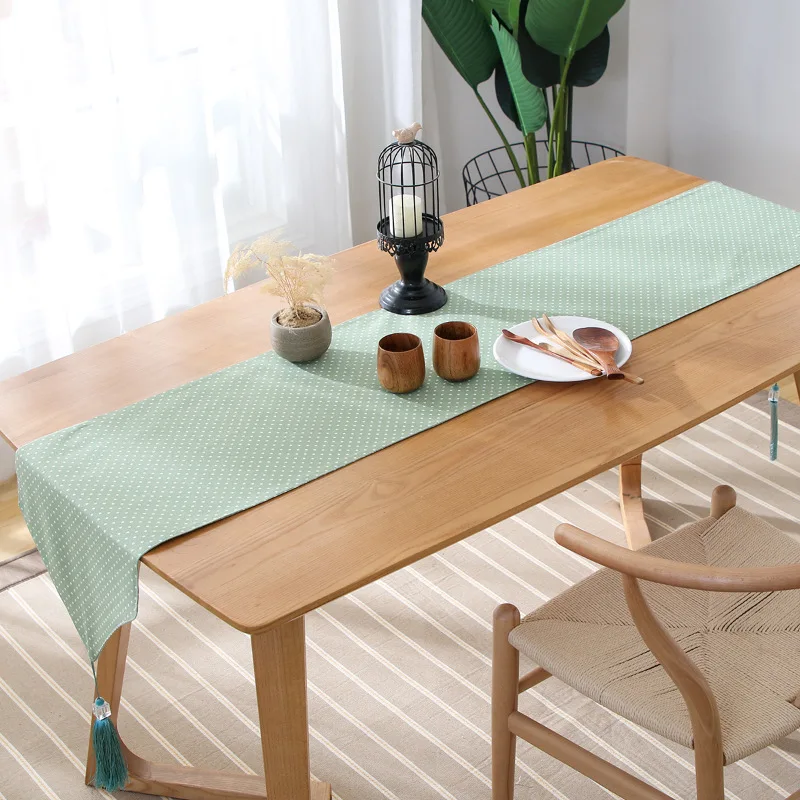 

simple cotton linen green table runner light white dots printed bed runner tablecloth vintage tablecloth mat cabinet cover
