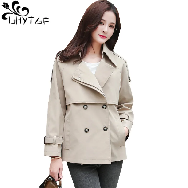 

UHYTGF Spring Autumn Jacket Womens Student Short coat Double-breasted loose plus size jacket elegant female Windbreaker coat 185