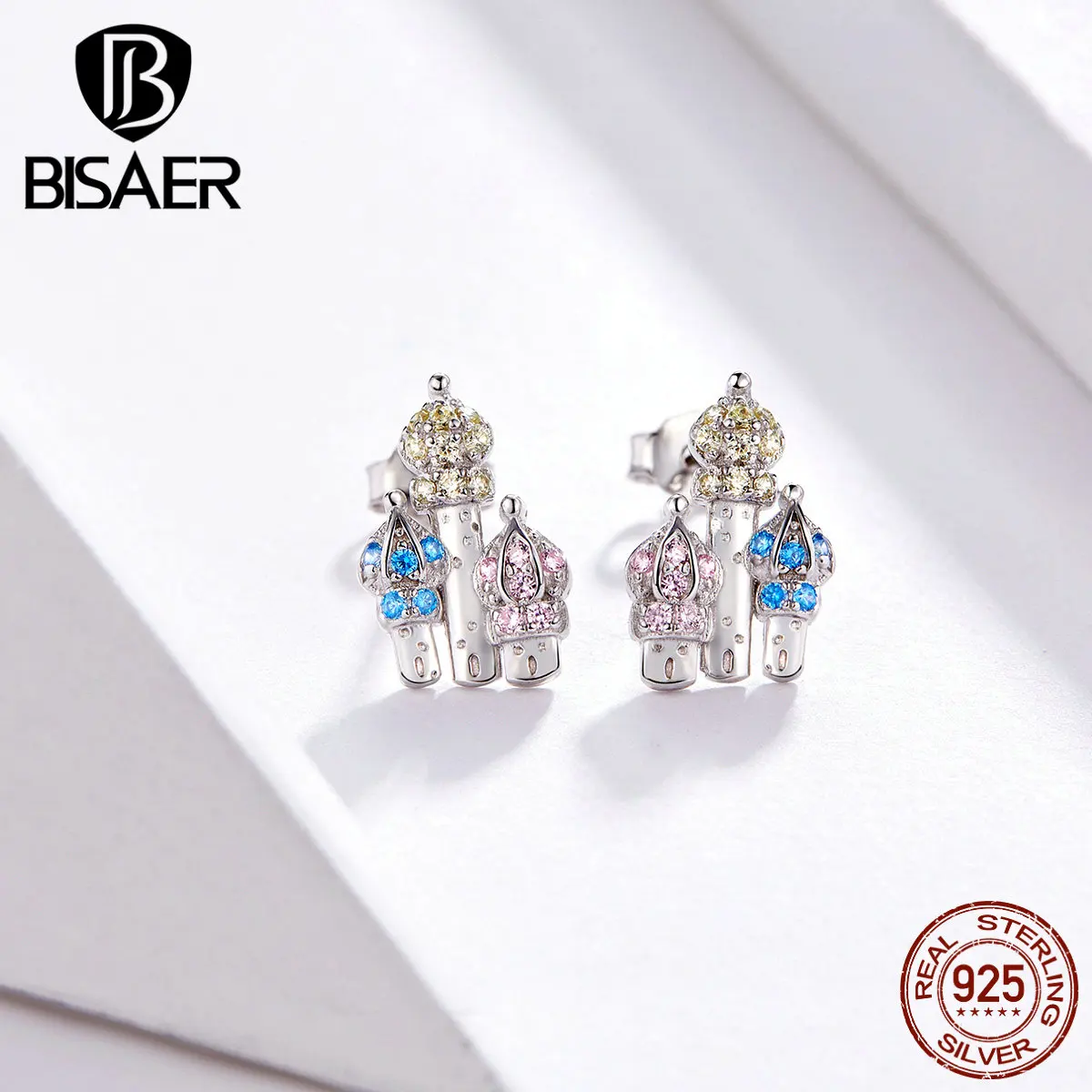 

BISAER Princess Castle Earrings 925 Sterling Silver Colorful Zircon Exquisite Women Small Stud Earrings Fashion Jewelry ECE591
