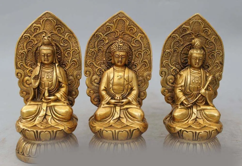 

7"Tibet Buddhism Fane Bronze gild Three Saints of the West Kwan yin Buddha Set