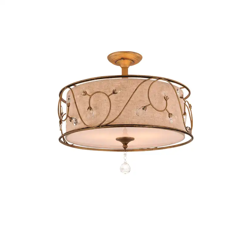 Large Drum Shape Ceiling Lights Fabric Shade Bloom Crystal Flower