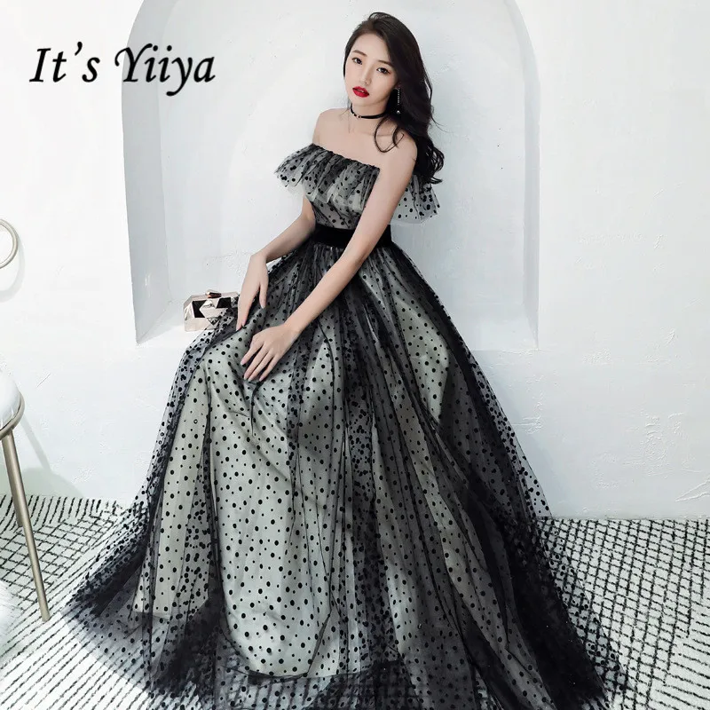 

It's YiiYa Evening Dress Ruffles Boat Neck Off The Shoulder Party Gown Fashion Full Black Dot Pattern Long Formal Dresses E078