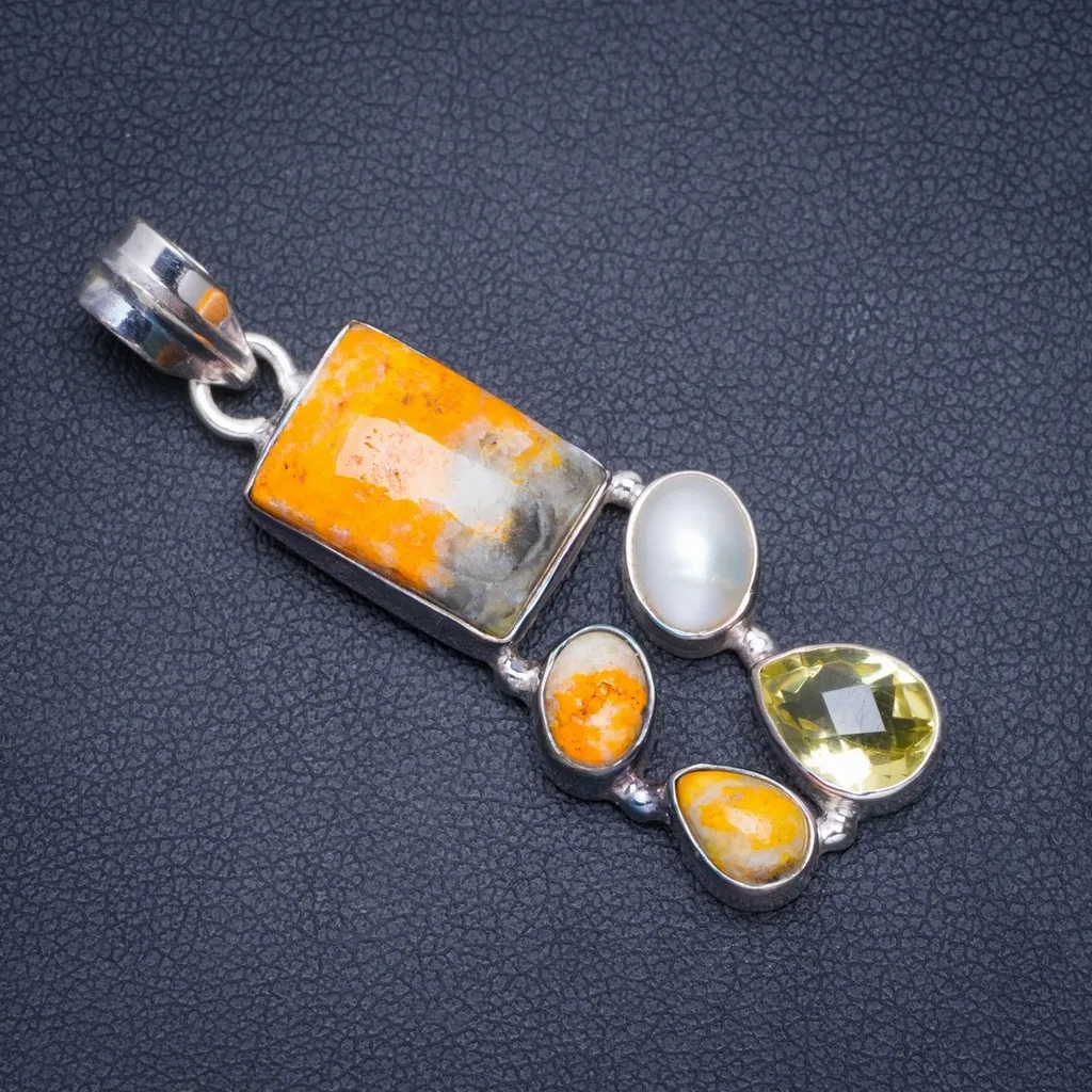 

Natural Bumble Bee Jasper,River Pearl and Citrine Handmade Unique 925 Sterling Silver Pendant 1.75" A0223