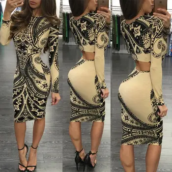 

2018 Women Ladies Dresses New Bandage Bodycon Long Sleeve Cut Slim Party Club Knee Length Dress Women
