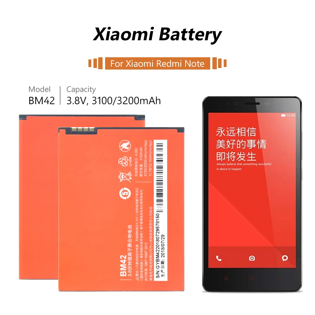 Литий ионный аккумулятор 3 8 в 3200 ма/ч сменный bm42 для xiaomi mi redmi note аккумуляторная